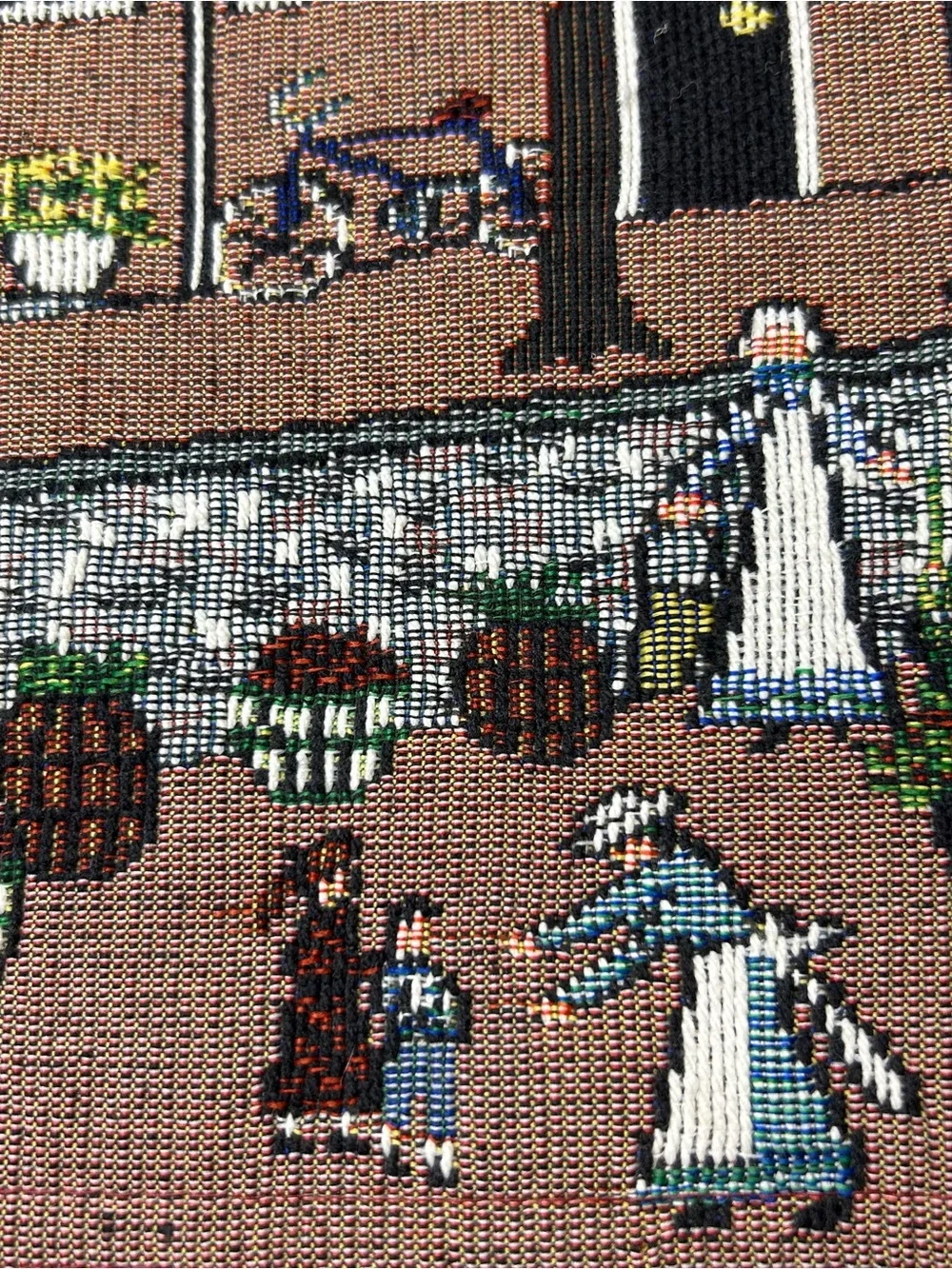 Colonial America Town Scene Tapestry Table Runner Town Common Folk Art 72” x 13”